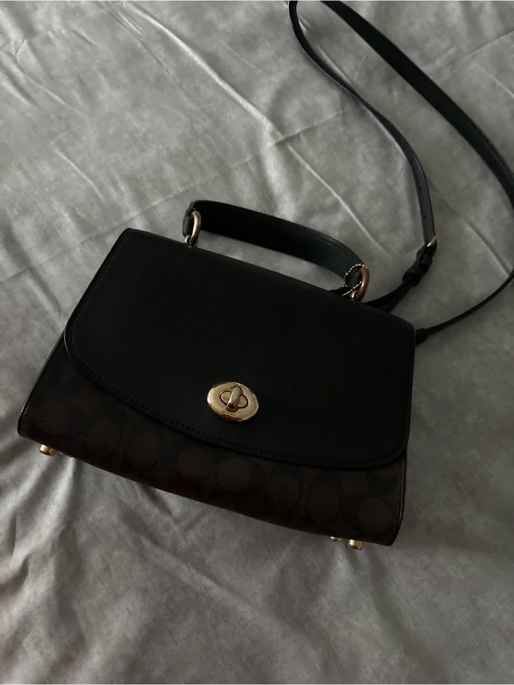 Coach Black Leather & Brown Signature Turnlock Satchel